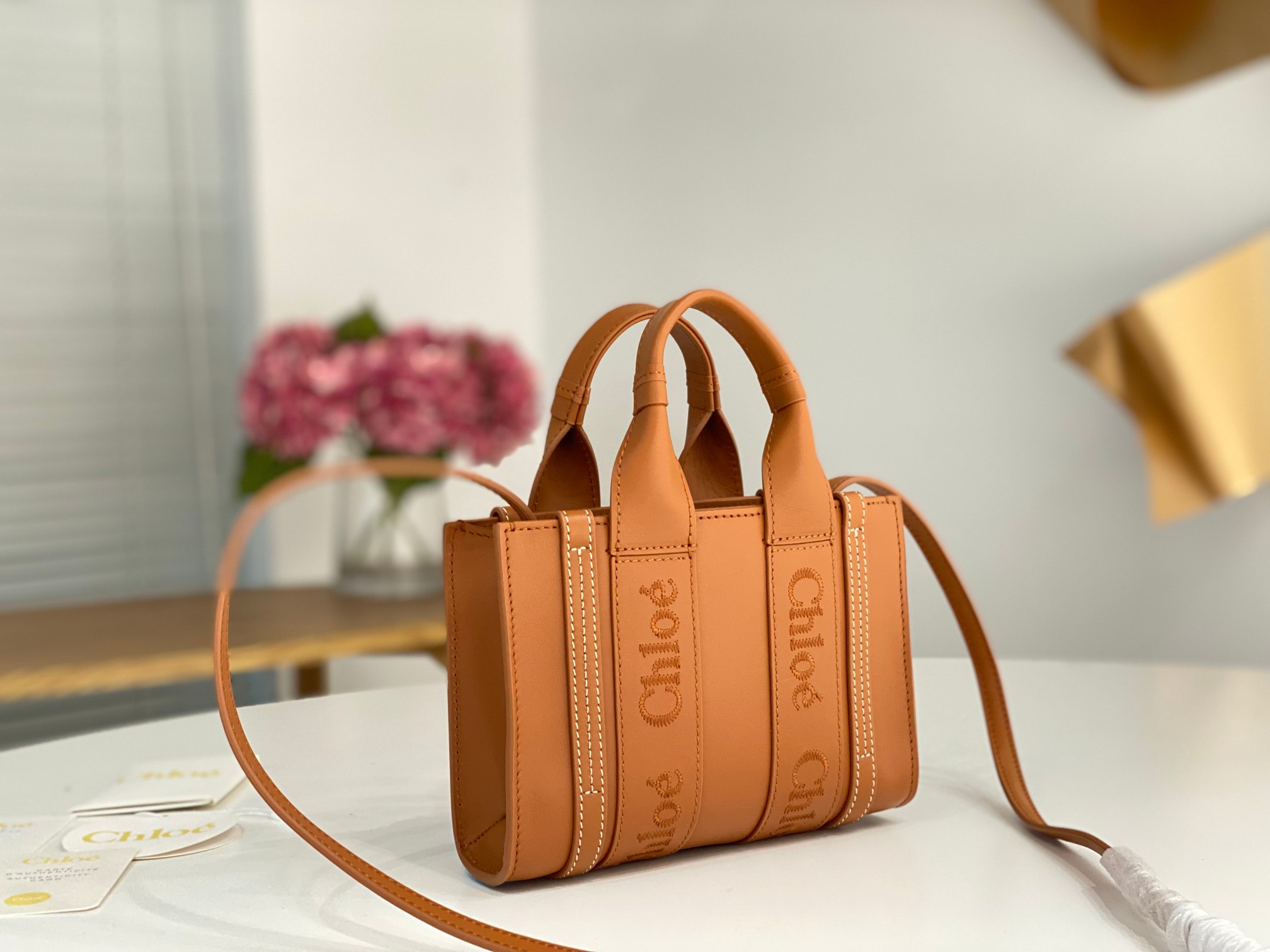 Chloe Mini Woody Tote Bag In Caramel Soft Smooth Calfskin Leather